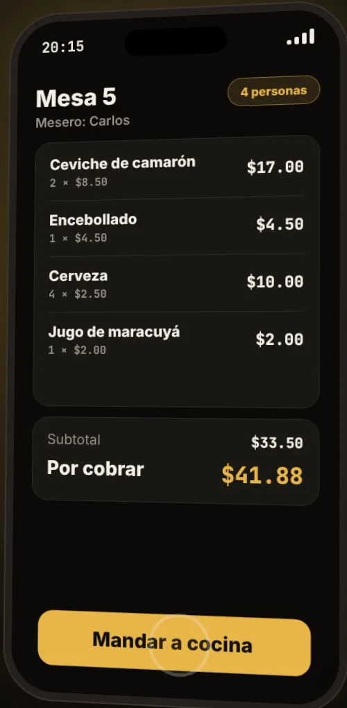La cuenta de la mesa 5 y el botón Mandar a cocina