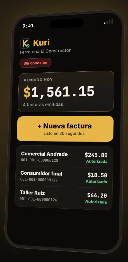 Portada de Kuri: vendido hoy $1.561,15 y el botón Nueva factura